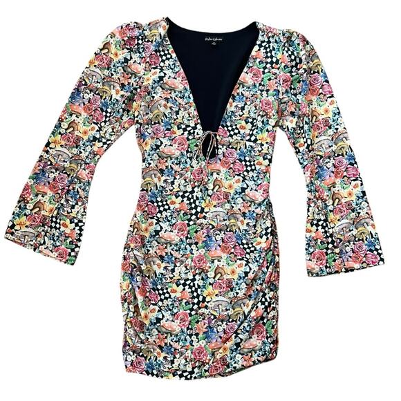 For Love & Lemons Womens June Bell Sleeve Black Checkerboard Mushroom Mini Dress - Picture 13 of 14